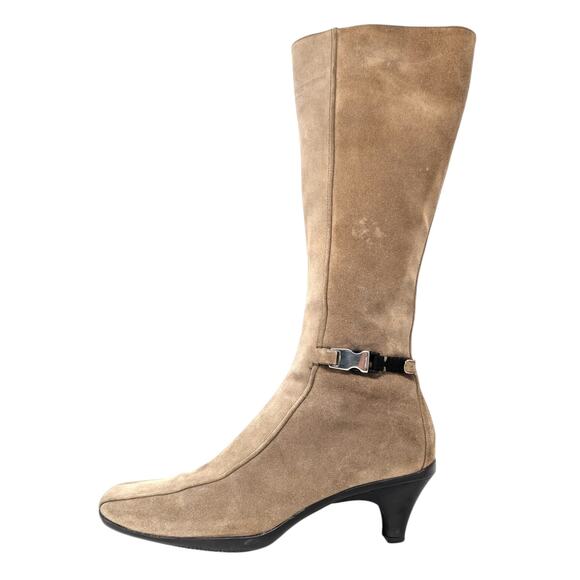 Prada Tan Suede Knee High Boots 37.5 Made in Italy Buckle Detail Heeled Luxury - Picture 1 of 11